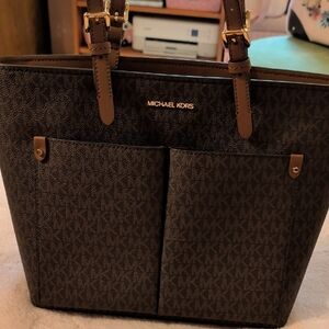 Michael Kors Dark Brown Signature Tote with Front Pockets